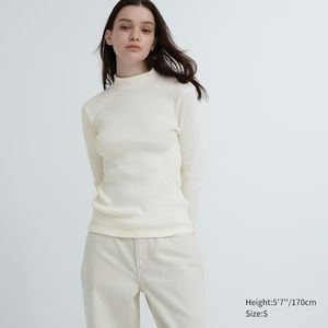 Uniqlo Ribbed High Neck Long-Sleeve T-Shirt in Off-White